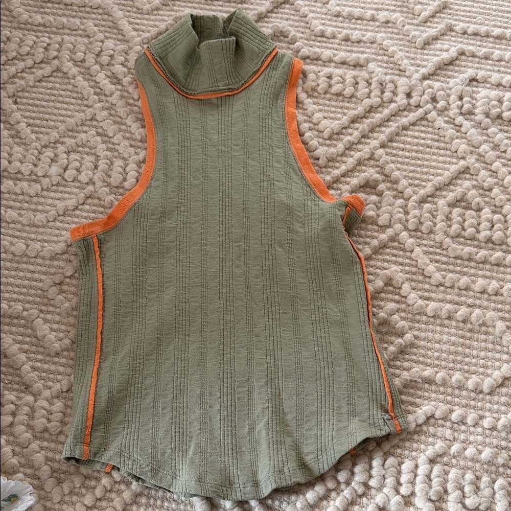 We The Free Olive Green Ribbed Tank with Orange Trim